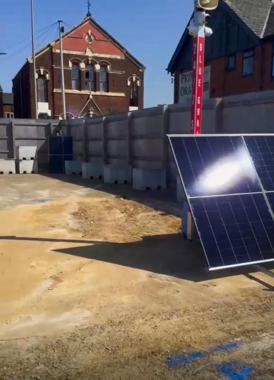 Solar powered CCTV tower deployed on a construction site, Bluegrain Ltd covering Manchester M1 near Piccadilly